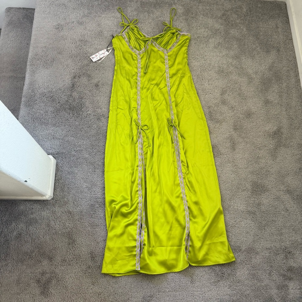 NWT Betsey Johnson satin saten elbise green pink lace maxi dress - Picture 3 of 7